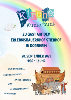 Plakat für die Kirche Kunterbunt auf dem Erlebnisbauernhof Stierhof in Dornheim am 20. September zwischen 9.30 und 12 Uhr