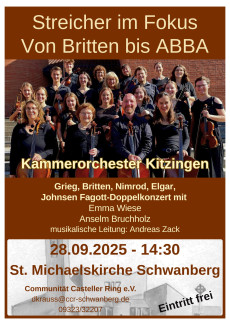 Plakat Streicher im Fokus – von Britten bis ABBA  das Kammerorchester Kitzingen